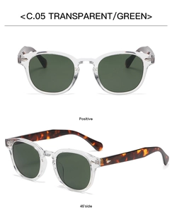 Vue de face et latérale à 45 degrés de lunettes de soleil rondes vintage vert transparent