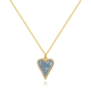 Close-up of golden necklace with heart pendant featuring blue mosaic and zircon accents