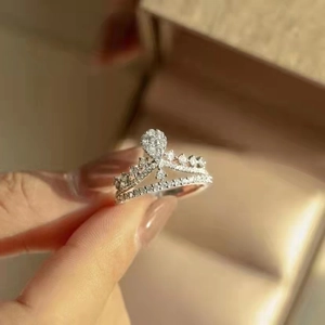 Luxury Copper Crown Ring For Women Silver Plated Pave Rhinestone Engagement Adjustable Open Ring Fashion Jewelry Gift