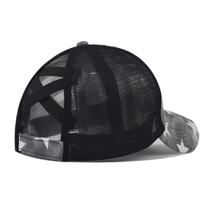 Detail of black mesh ponytail baseball cap with elastic criss-cross back and star print