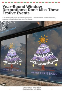 Close-up of purple Christmas tree window stickers with Merry Christmas greeting text
