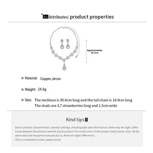 Detailed specs of zircon drop necklace and earrings set with copper material data