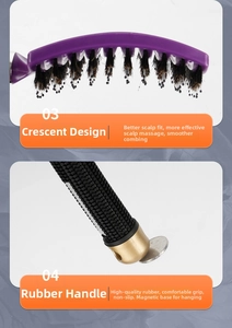 Detail of the curved hairbrush showing ergonomic purple head and magnetic rubber handle