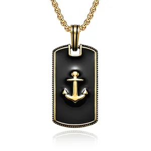 Anchor Pendant Necklace Stainless Steel Retro Nautical Hip Hop Style Rectangular Dog Tag For Men Jewelry