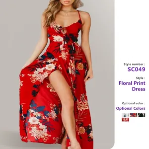 Women Floral Print Maxi Dress V-Neck Backless Tie-Up High Slit Bohemian Cami Dress Polyester Elegant Long Beach Dress