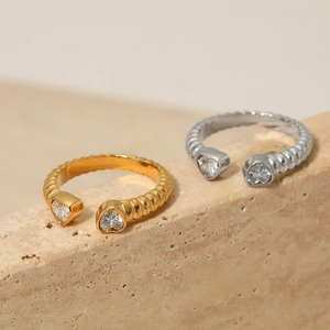 Adjustable threaded double heart rings in gold and silver finish with zircon stones