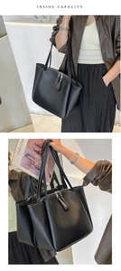 Detail of large black tote bag with white contrast stitching and double zipper closure