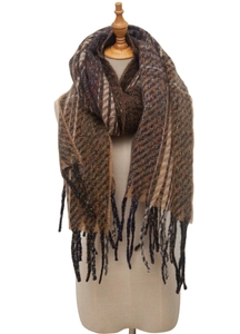 Detailed view of herringbone knit texture and colorful specks on brown tassel scarf