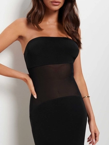 Sexy black tube dress for women with mesh splicing and sheer waist detail