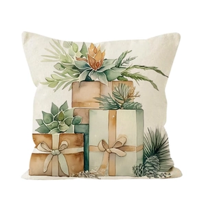 Linen Christmas pillow case with watercolor gift box and floral patterns for home decor