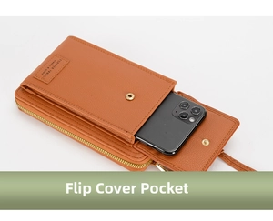 Detailed view of caramel brown lychee leather phone wallet with flap pocket and zipper