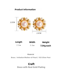 Detailed view of vintage brass sunflower earrings with 2.2cm pearl inlay and 925 silver needles