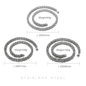 Three sizes of stainless steel interlocking chain necklaces with weight and length details