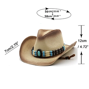 Cappello da cowboy in paglia con perline turchesi e dimensioni per la protezione