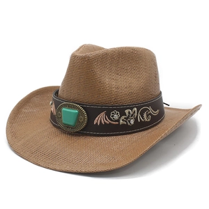 Chapeau de cowboy américain classique en paille avec broderie florale et turquoise