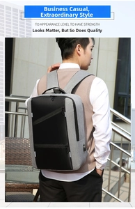 Close-up of gray and black business backpack with external USB port and reflective safety strip