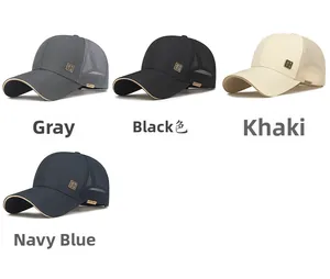 Breathable mesh baseball caps in grey, black, khaki, and navy blue with sport labels