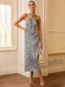 Robe Midi Fleurie Dos Nu Élégante Polyester Fini Satin Coupe Slim Sans Manches Fente Latérale Style Français Vacances