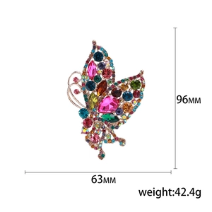 Luxury colorful rhinestone butterfly brooch with dimensions 96mm by 63mm and weight 42.4g