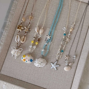 Bohemian Ocean Shell Starfish Pendant Necklace Women Summer Beach Vacation Faux Artificial Pearl Beaded Wax Rope Jewelry