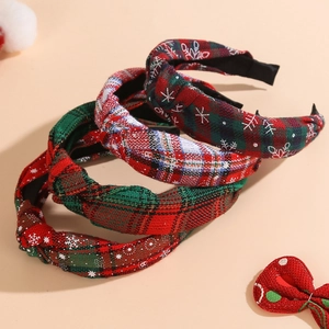 Christmas plaid and snowflake patterned knotted headbands with matching bow clip set
