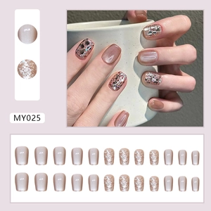 Short square cat eye press-on nails with silver glitter and light brown gradient finish