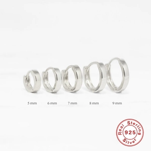 Polished S925 sterling silver hoop earrings set in five sizes from 5mm to 9mm