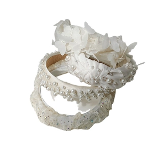 Elegant Korean style headband set with ivory pearls, lace butterfly, and rhinestone details