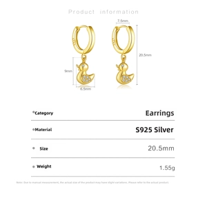 Detailed S925 sterling silver duck earrings measurement showing 20.5mm height and 7.5mm width