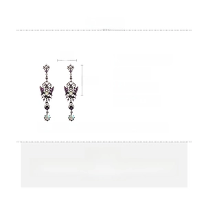 Detailed view of Gothic butterfly drop earrings with purple rhinestones and product dimensions