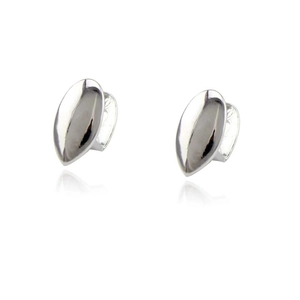 Polished silver leaf-shaped metal stud earrings on a clean white background with reflection