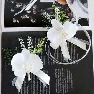 White Phalaenopsis Artificial Orchid Boutonniere And Wrist Corsage Satin Butterfly Orchid For Wedding Party Groom Bride