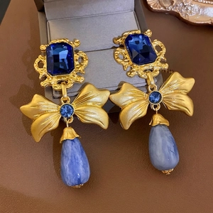 Vintage gold and blue bow drop earrings with square rhinestones and waterdrop charms