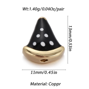 Cute black enamel pizza slice charm earrings in gold copper with white polka dots