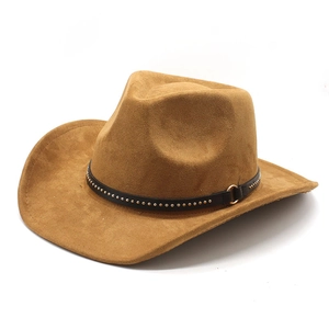 Classic dark brown suede cowboy hat with studded black band and metal ring buckle decoration