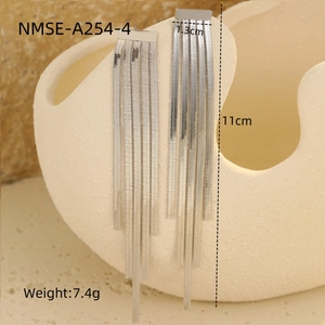 Detailed close-up showing 11cm length and 1.3cm width of silver geometric tassel earrings