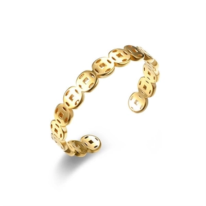 Elegant gold titanium steel open ring with traditional Chinese coin motif and polished finish