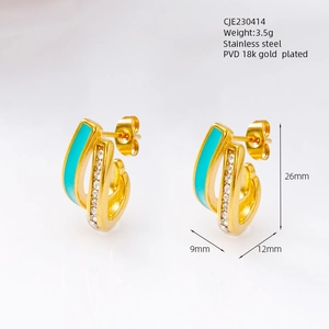 Detail showing 18K gold pvd coated stainless steel earrings with enamel and zircon