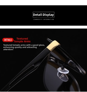 Close-up of black sunglasses arms with premium gold metal square decorative hinges