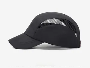 Close-up of black breathable mesh panel and red brand label on quick-dry sun hat