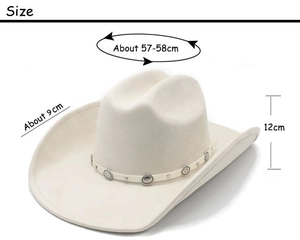 Detailed size guide for beige faux suede cowboy hat with metallic buckle strap