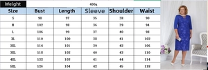 Size chart showing bust, length, and sleeve measurements for the lace plus size dress