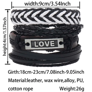 Detailed stacked view of four handmade woven leather and cotton rope bracelets in black and white