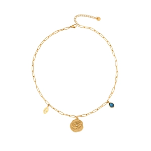 Gold stainless steel evil eye necklace with blue gemstone water drop and palm fringe
