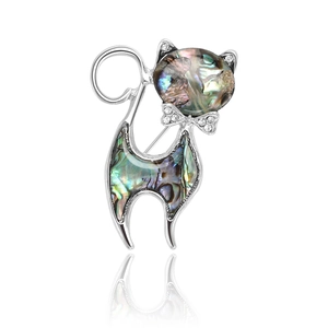 Cat Brooch Pin Natural Abalone Shell Inlay Alloy Rhinestone Animal Jewelry Corsage For Women Vintage Style Elegant