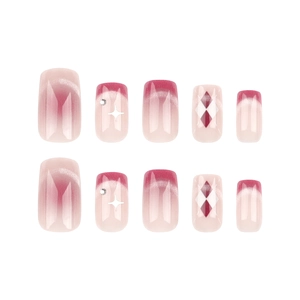 Burgundy cat-eye press-on nails set with star diamonds and red diamond patterns