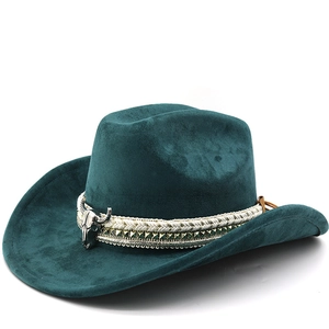 Western Cowboy Hat Suede Polyester Felt Bull Skull Metal Decor Studded Braided Band Wide Curved Brim Jazz Fedora