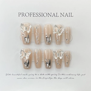 Handmade 3D Butterfly Rhinestone Press On Nails Elegant Nude Pink Glitter False Nails For Women Party Manicure Jewelry