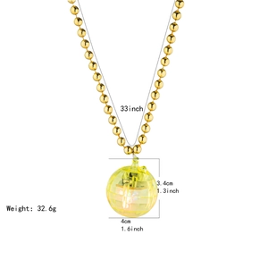 Detailed size chart for yellow LED disco ball pendant with dimensions and 32.6g weight