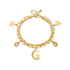 Elegant gold double-layer chain bracelet with star moon pendants and crystals